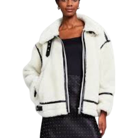 New cream Shearling Bomber Jacket faux Leather Black Trim Sz L - Picture 12 of 12